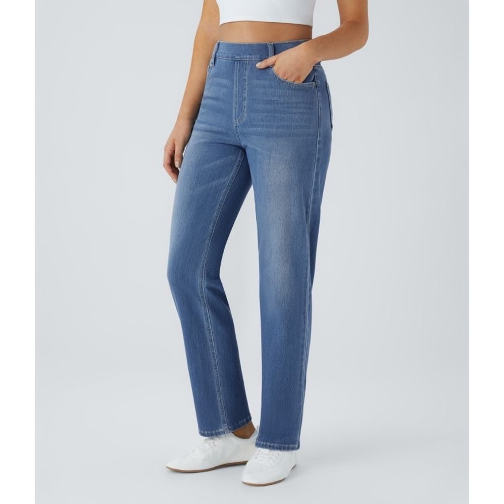Halara Straight Leg Jeans Blue EUC High Waisted Pockets Comfy Stretch pull on L